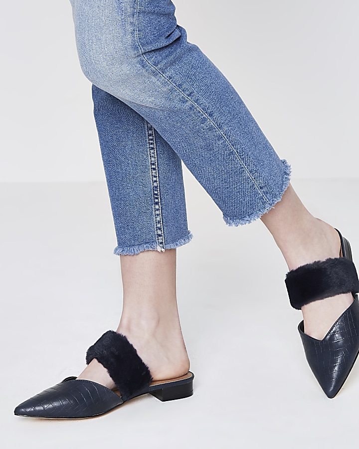 Navy croc faux fur strap pointed mules