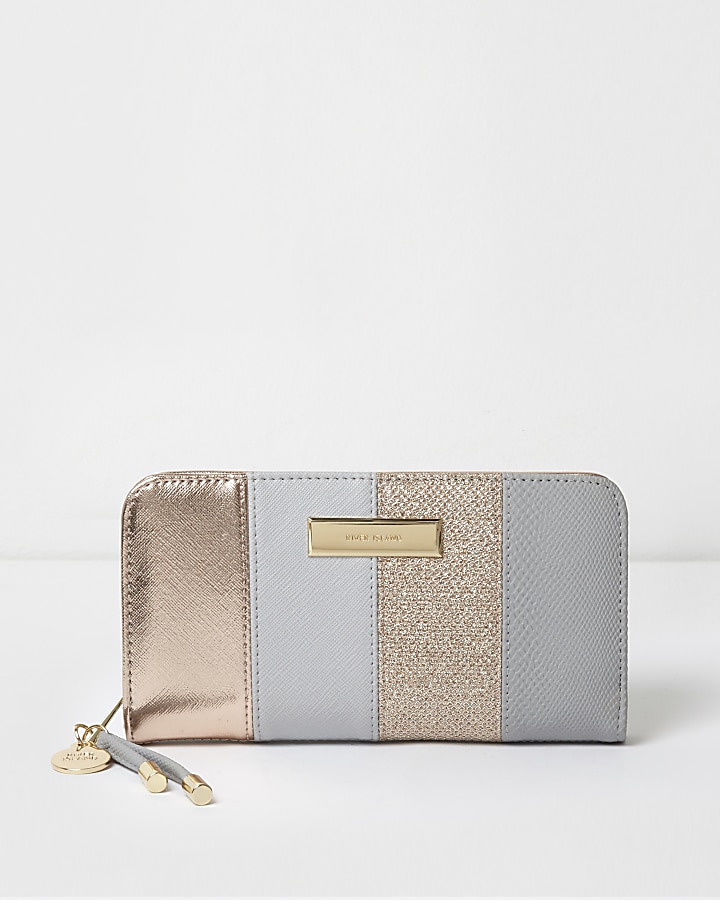 Grey and rose gold panel zip around purse