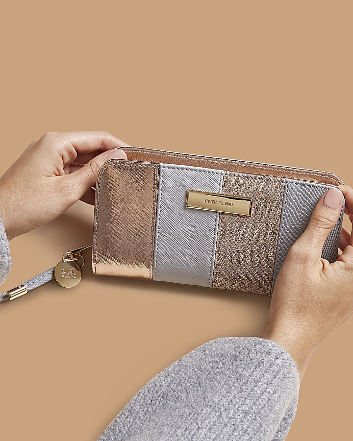 Grey and rose gold panel zip around purse
