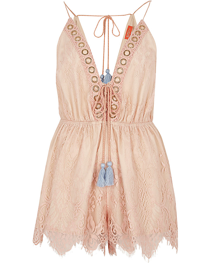 Coral lace tie up plunge beach playsuit