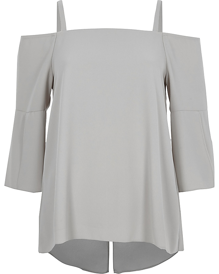 Light grey bardot split sleeve top