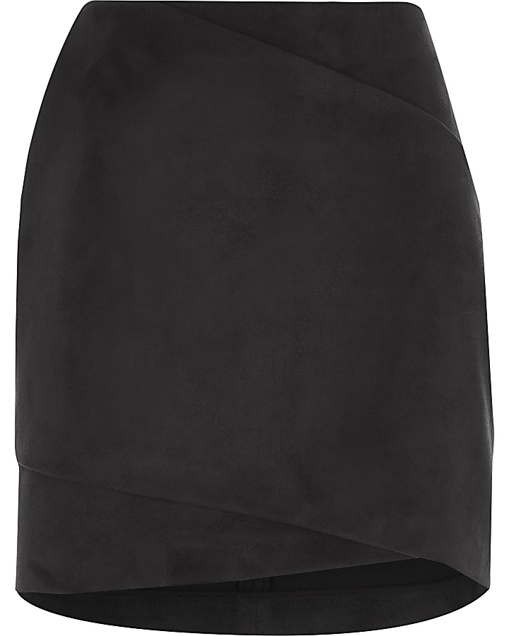Black faux suede wrap front mini skirt