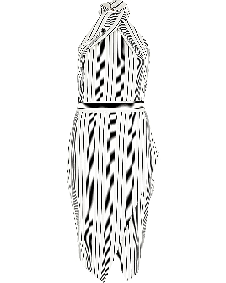 White stripe wrap halter neck bodycon dress