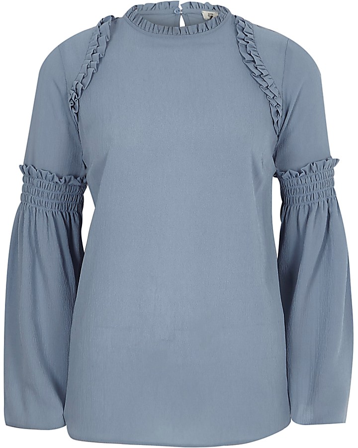 Blue frill trim shirred bell sleeve blouse