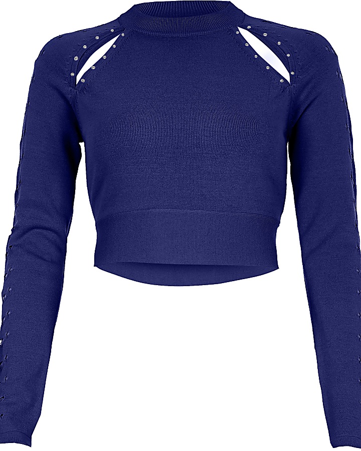 Bright blue cut out cropped long sleeve top