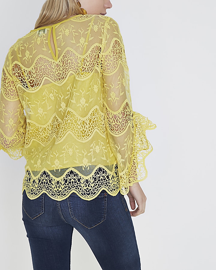 Petite yellow lace frill sleeve top