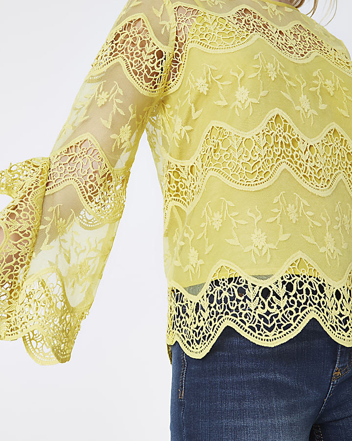 Petite yellow lace frill sleeve top