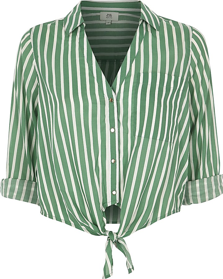 Petite green stripe knot front cropped shirt
