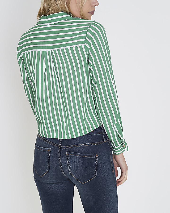 Petite green stripe knot front cropped shirt