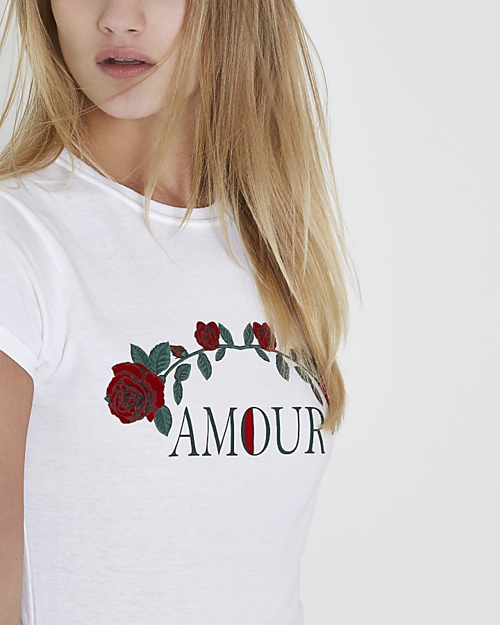 White 'amour' rose print fitted T-shirt