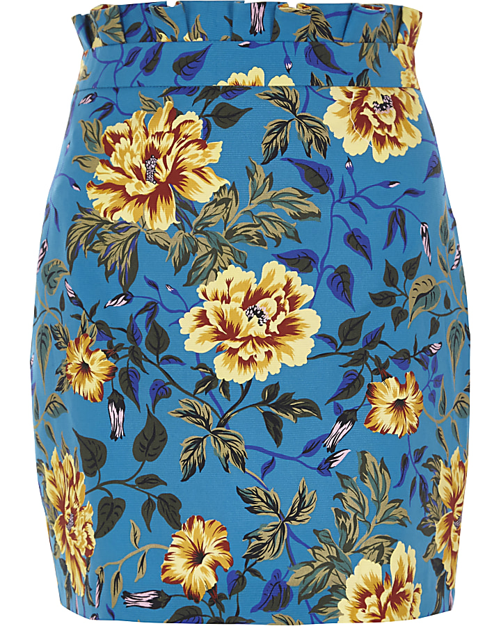 Blue floral print paperbag mini skirt