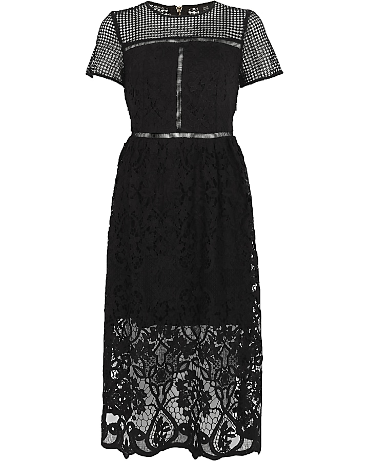 Black floral lace waisted midi dress
