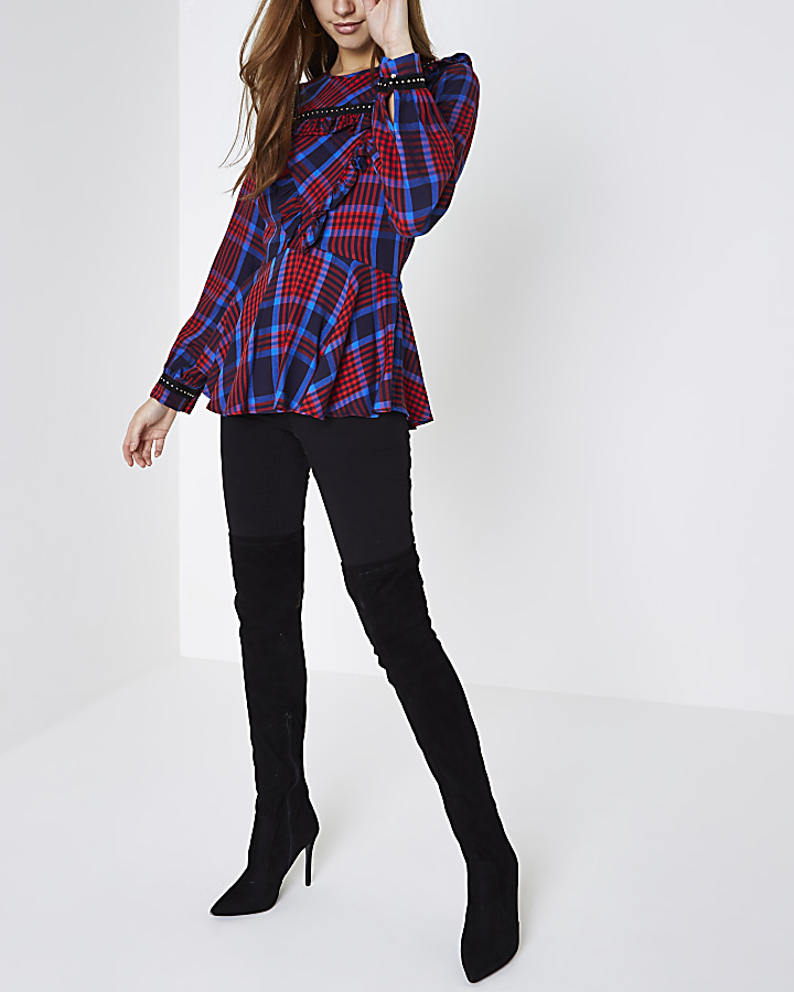 Red check frill studded peplum blouse