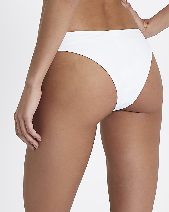 White shirred side high leg bikini bottoms