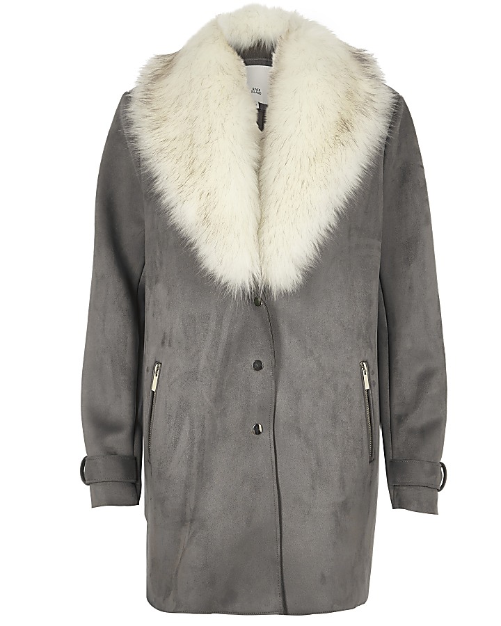 Grey faux fur collar shawl coat