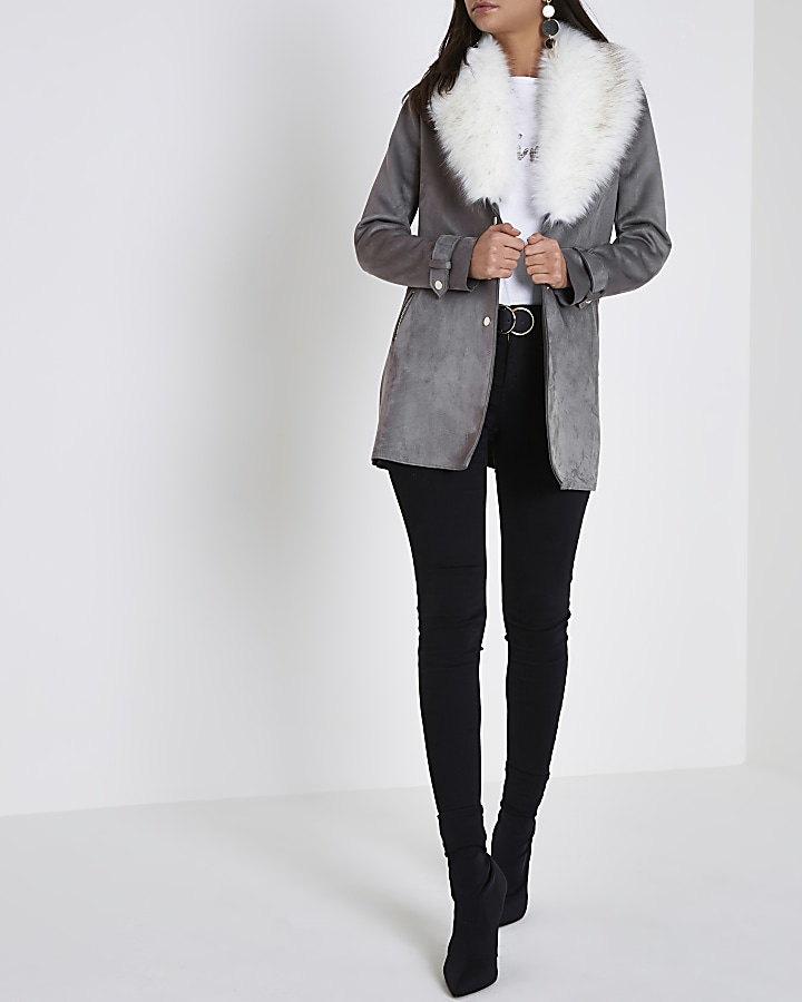 Grey faux fur collar shawl coat