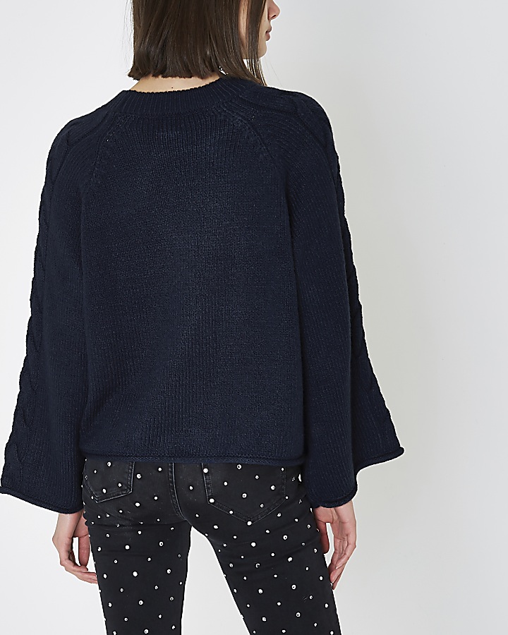 Navy cable knit wide sleeve jumper