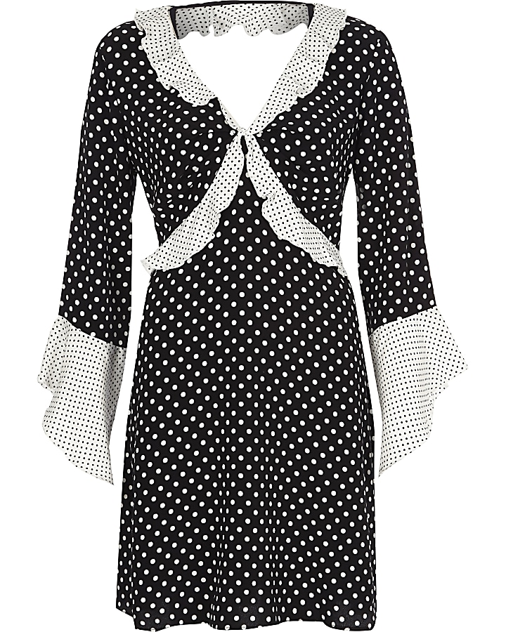 Black polka dot frill bell sleeve tea dress