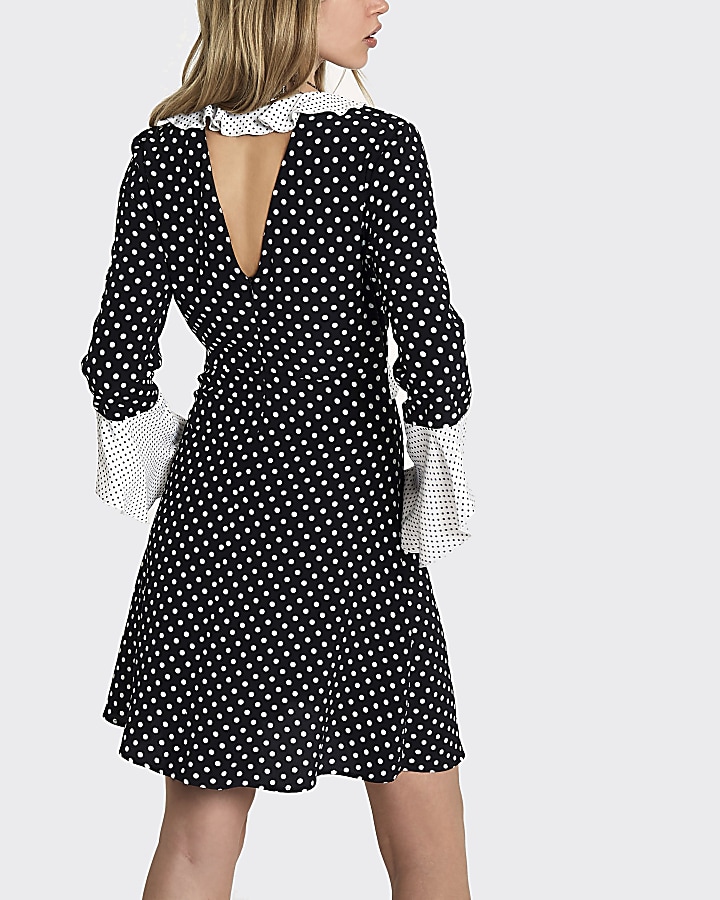 Black polka dot frill bell sleeve tea dress