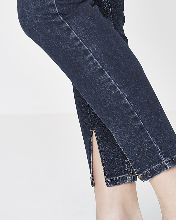 Petite dark blue split Amelie skinny jeans