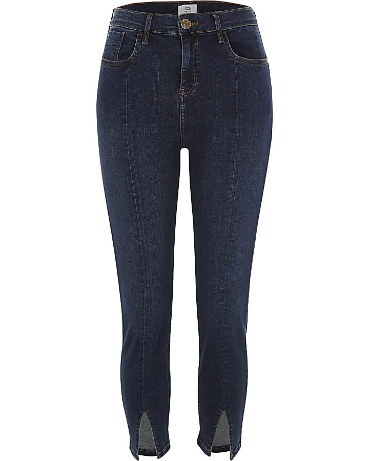 Petite dark blue split Amelie skinny jeans