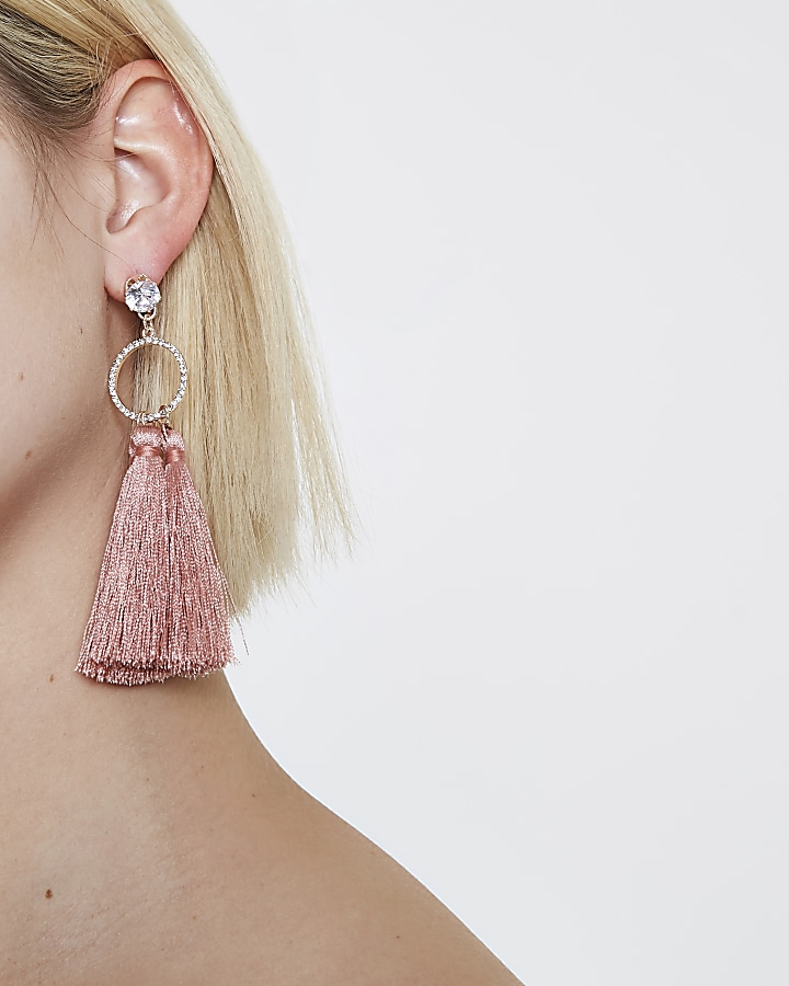 Pink tassel diamante pave circle earrings