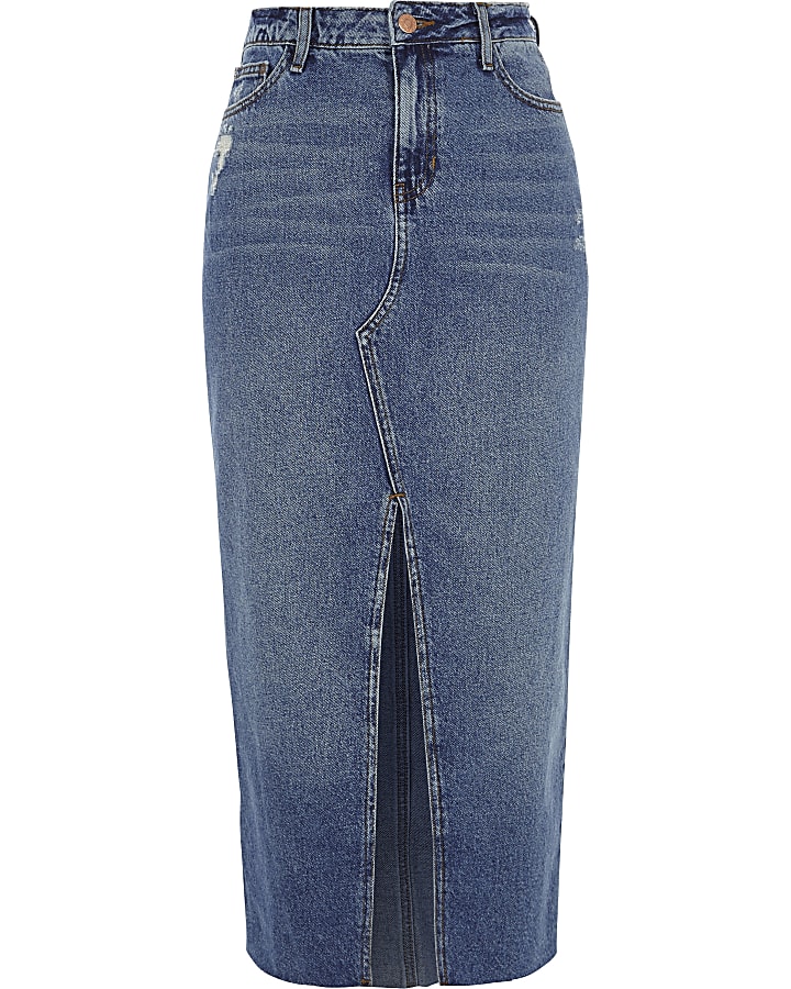Mid blue split front denim pencil skirt