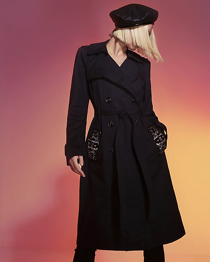 Black RI Studio jewel embellished trench coat