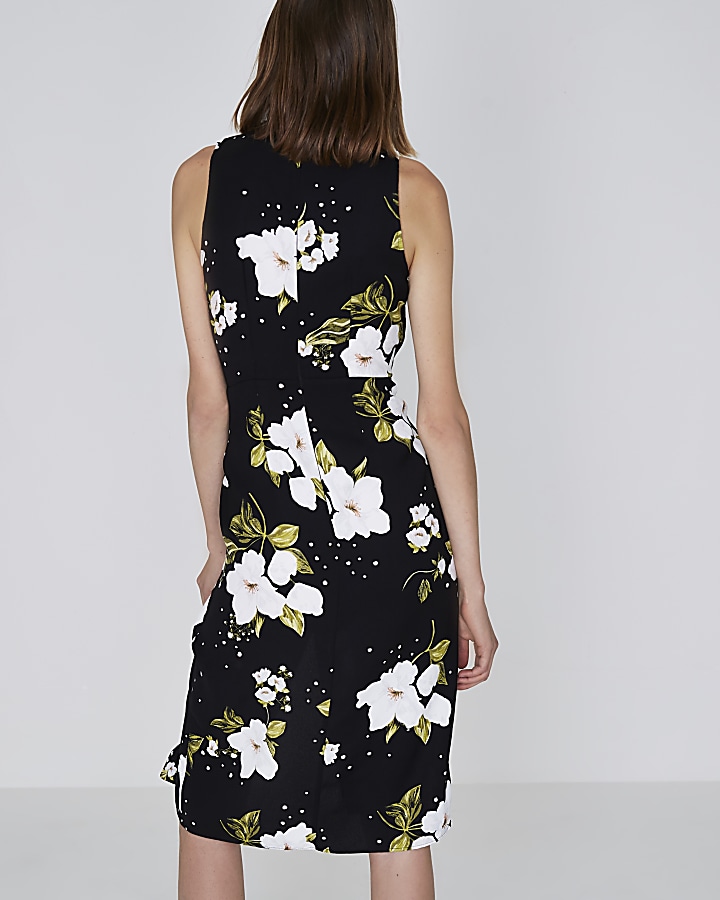 Black floral high neck wrap midi dress