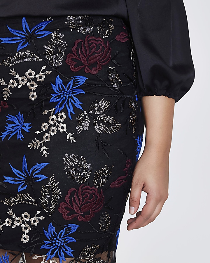 Plus black floral embroidered pencil skirt