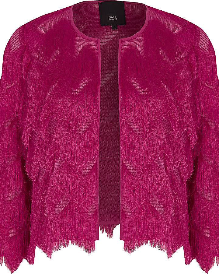 Bright pink fringe short jacket