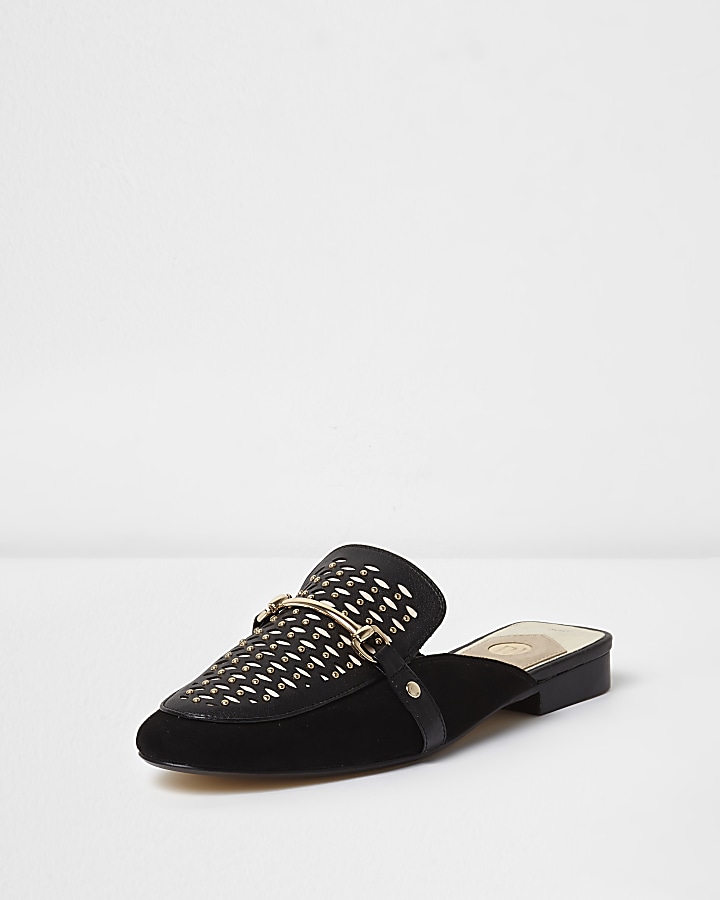 Black lace cut out snaffle backless loafers