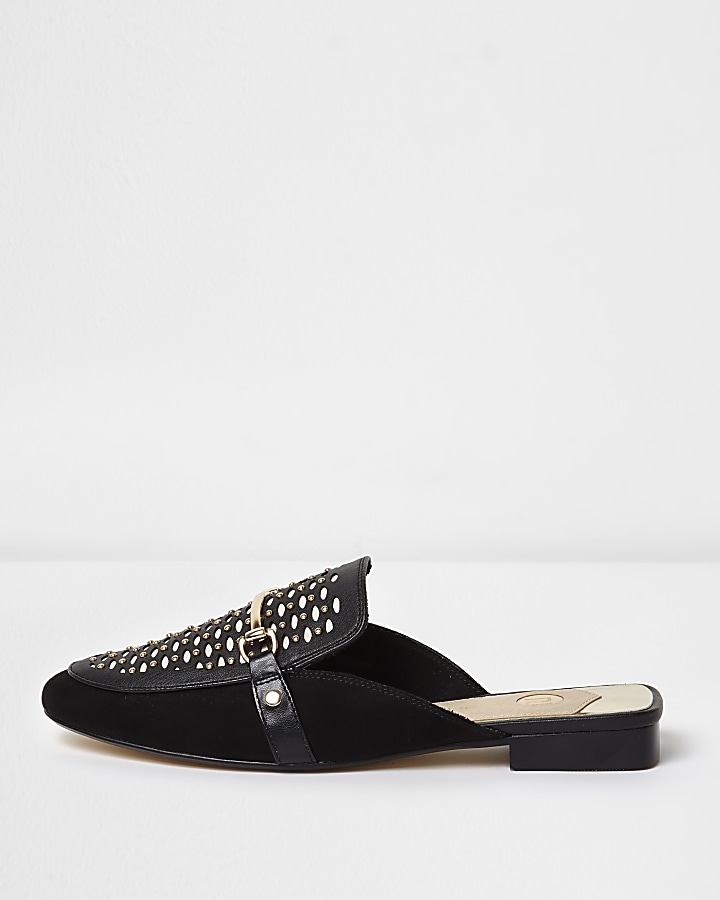 Black lace cut out snaffle backless loafers