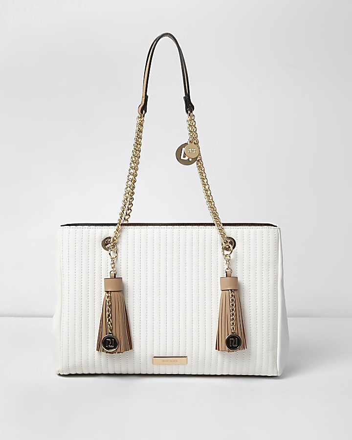White quilted front chain handle tote bag