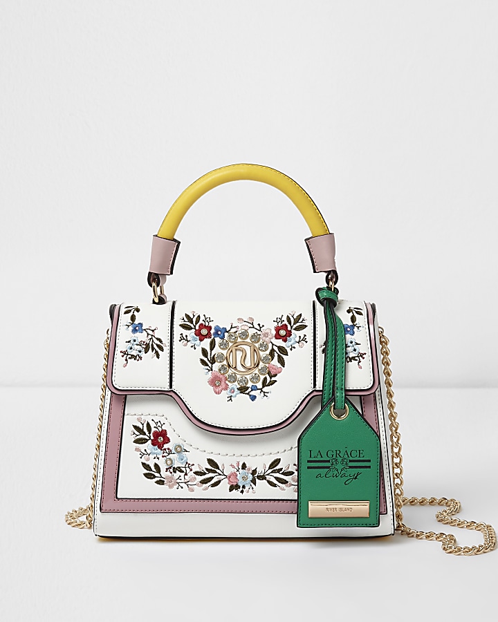 White floral embroidered chain tote bag