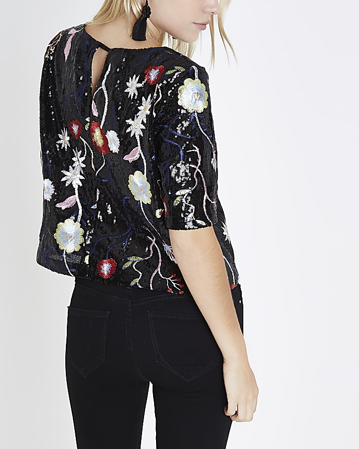 Petite black floral embroidered sequin top
