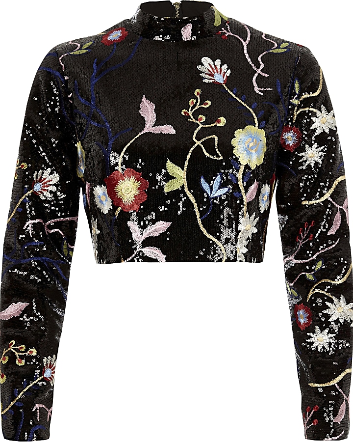 Black sequin embroidered high neck crop top