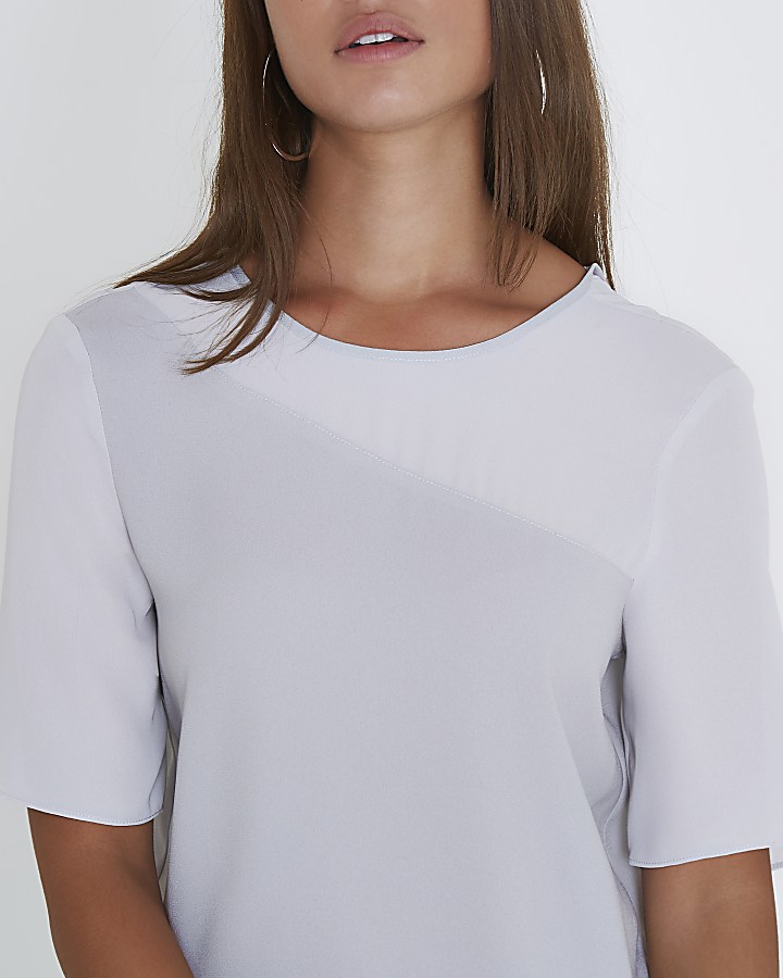 Grey contrast chiffon asymmetric hem T-shirt