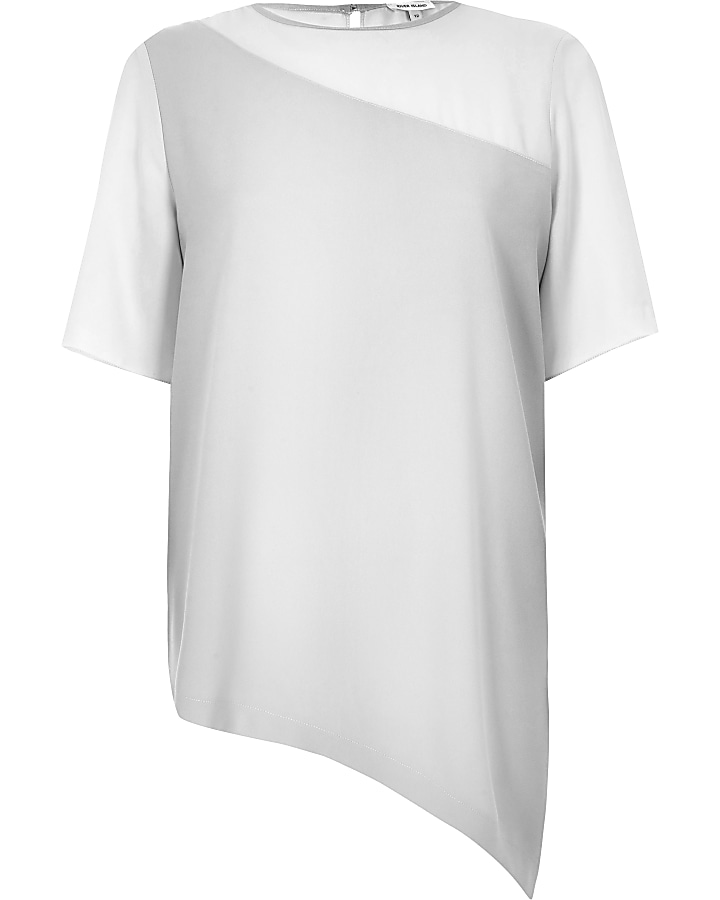 Grey contrast chiffon asymmetric hem T-shirt