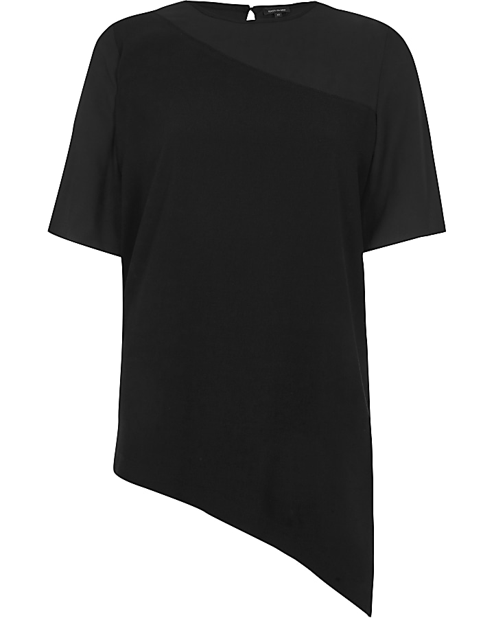 Black contrast chiffon asymmetric hem T-shirt