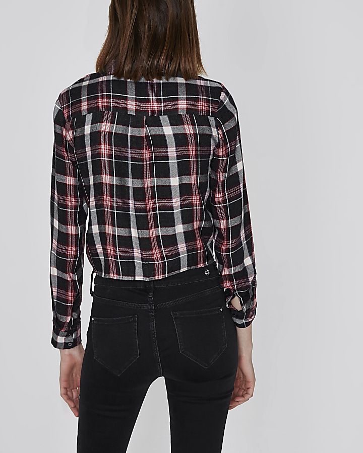 Red check tie front shirt