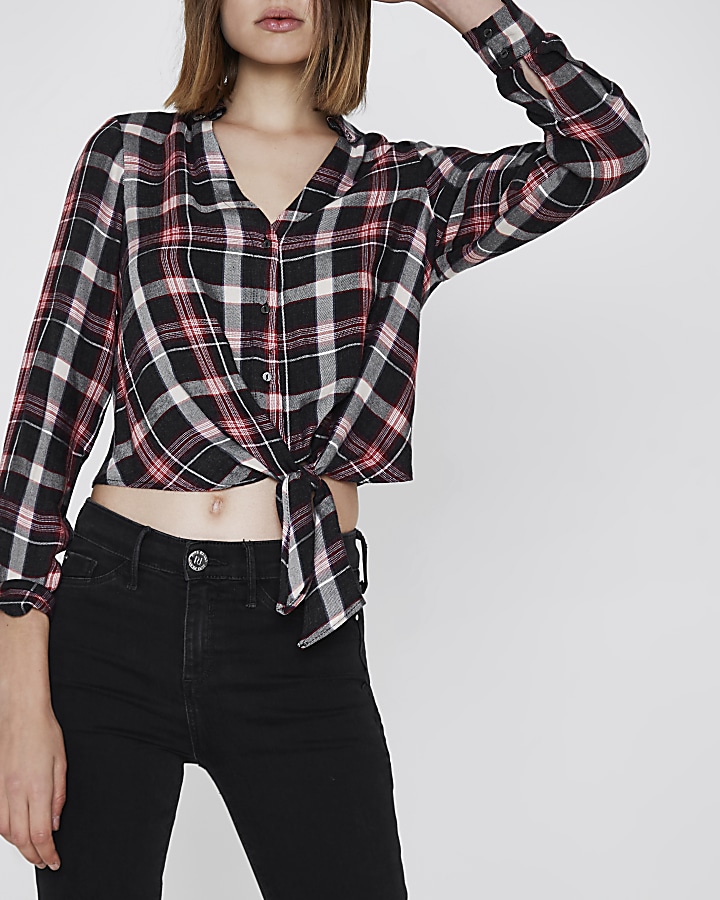 Red check tie front shirt