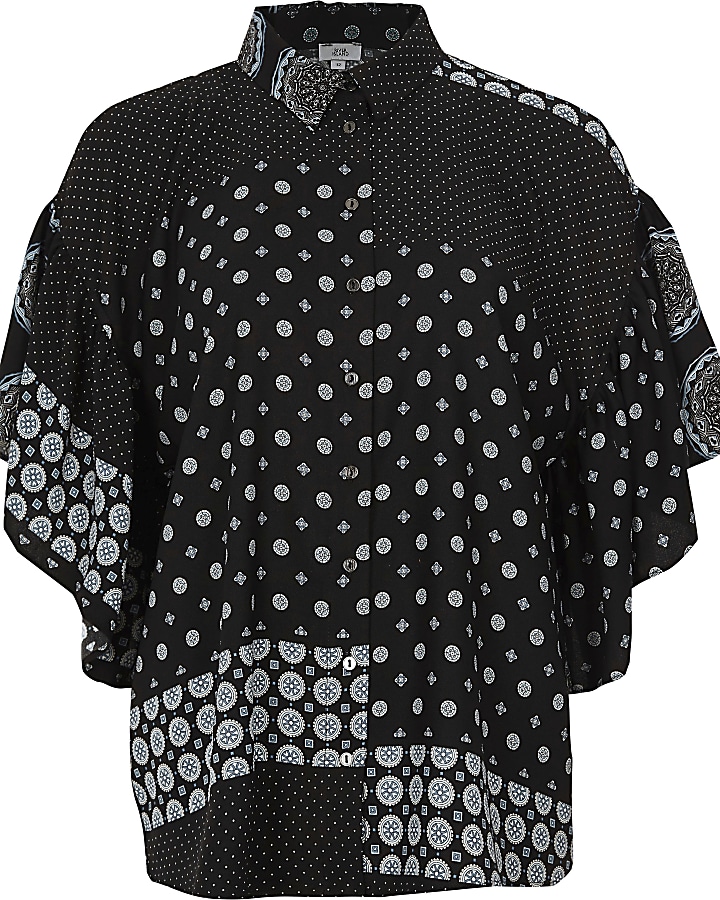 Black mix tile print frill blouse