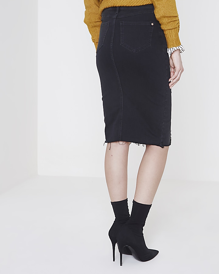 Black frayed seam denim pencil skirt