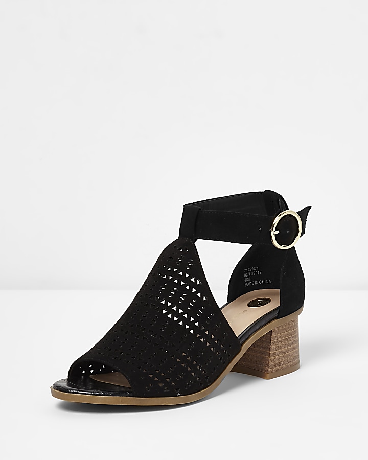 Black laser cut flared block heel sandals