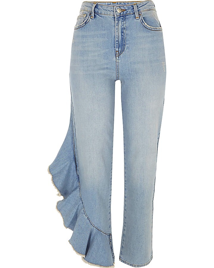 Mid blue side frill Bella straight leg jeans