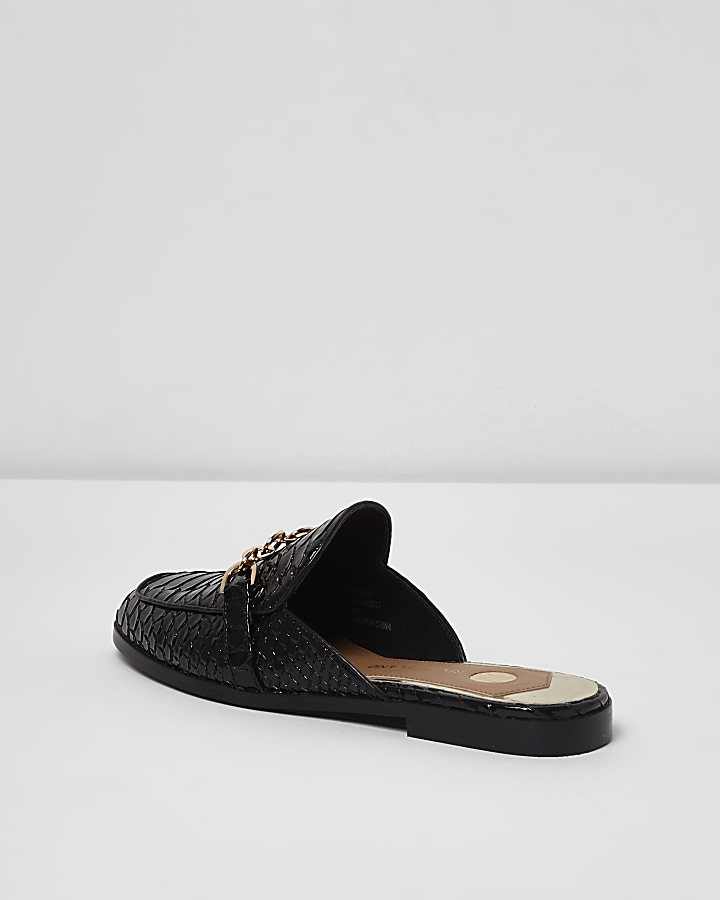 Black patent croc backless loafers