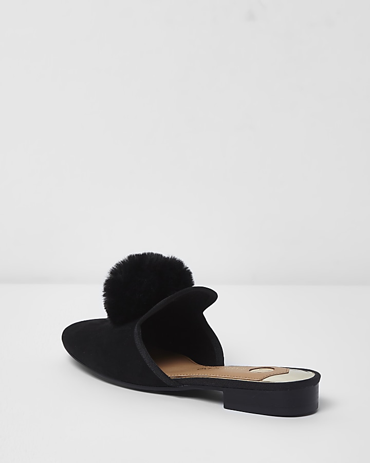 Black faux fur pom pom top backless shoes