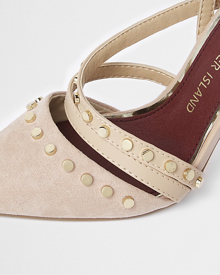 Beige studded pointed toe strappy court shoes