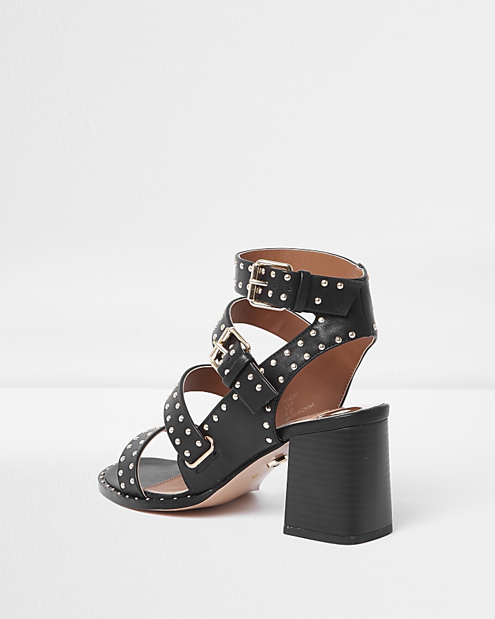 Black studded strappy block heel sandals